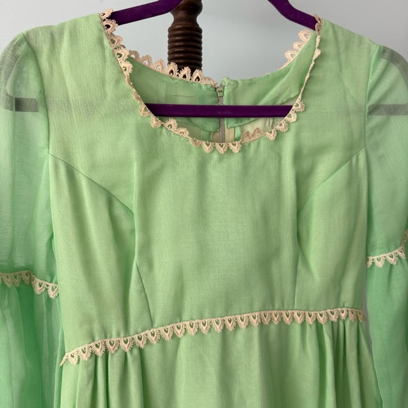 🌿 Vintage 60s Green Prairie Maxi Dress Lace Trim Boho Romantic XS/S 🌿 - Picture 4 of 16